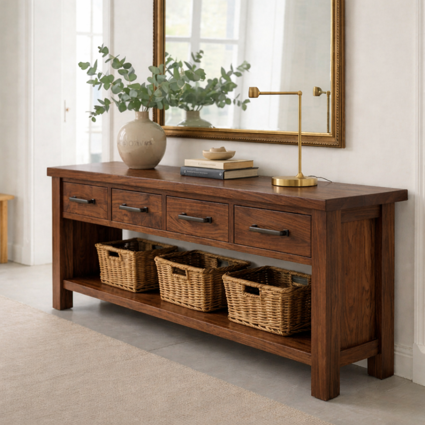 Solid Wood Console Table for Entryway with 4 Drawers and Open Shelf