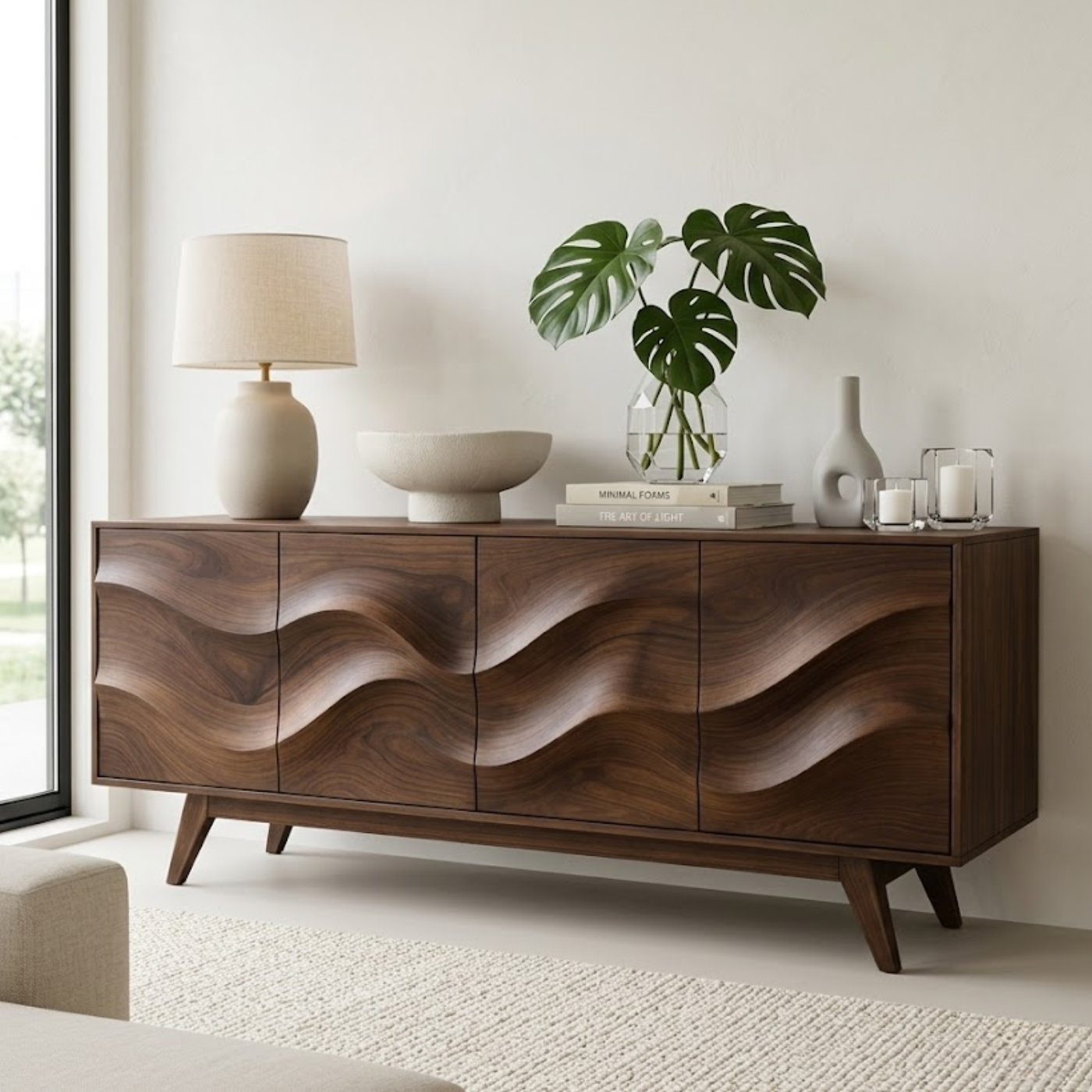 Solid Wood Console Table with Sculptural Wave Front for Modern Entryway