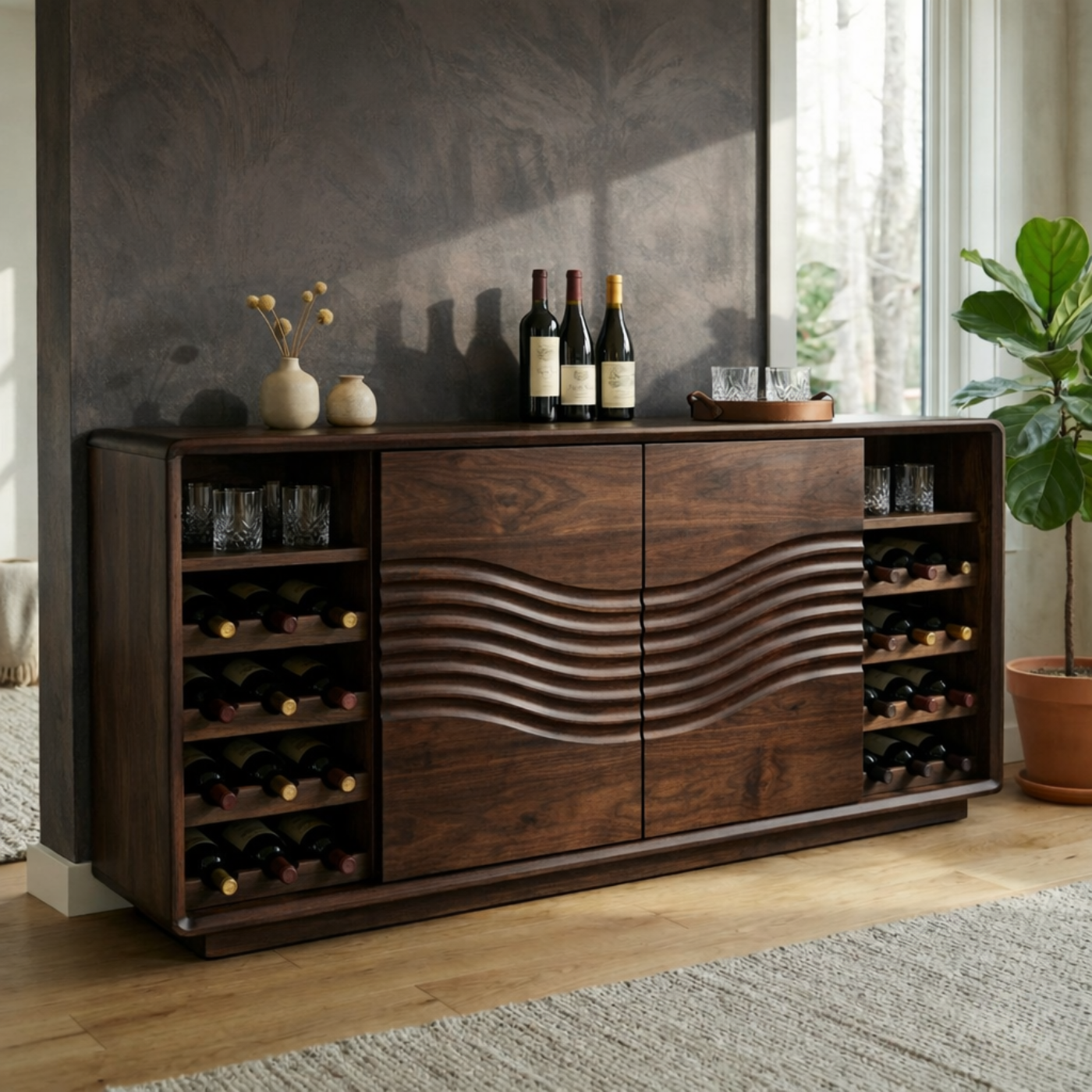 Solid Wood Wine Cabinet with Wave Front Doors and Built-in Bottle Storage
