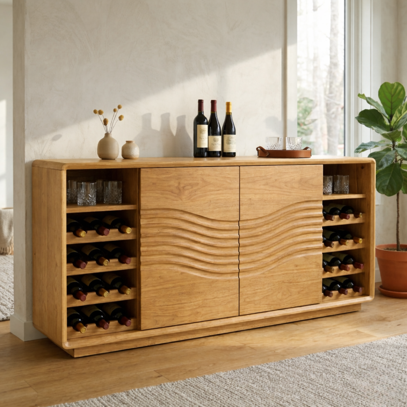 Solid Wood Wine Cabinet with Wave Front Doors and Built-in Bottle Storage