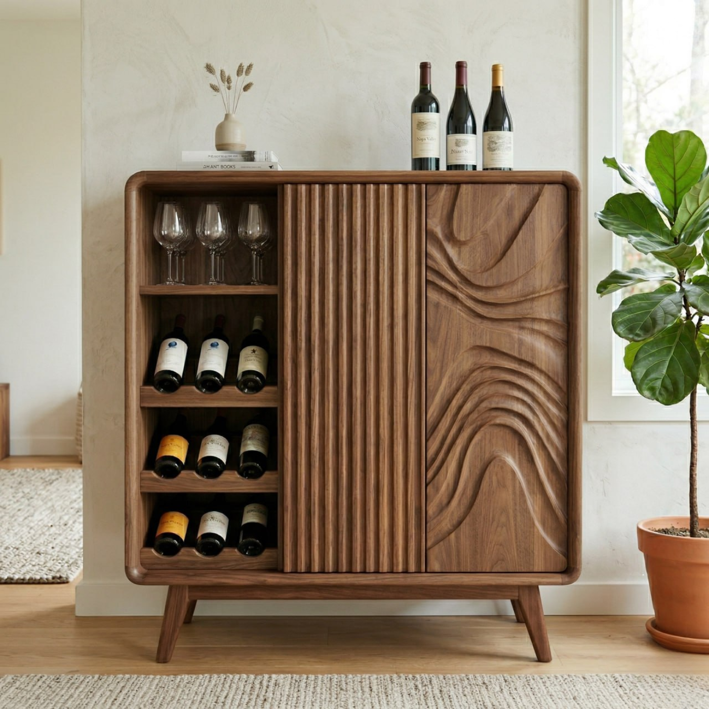 Solid Wood Wine Cabinet with Fluted Panel and Sculptural Door Design