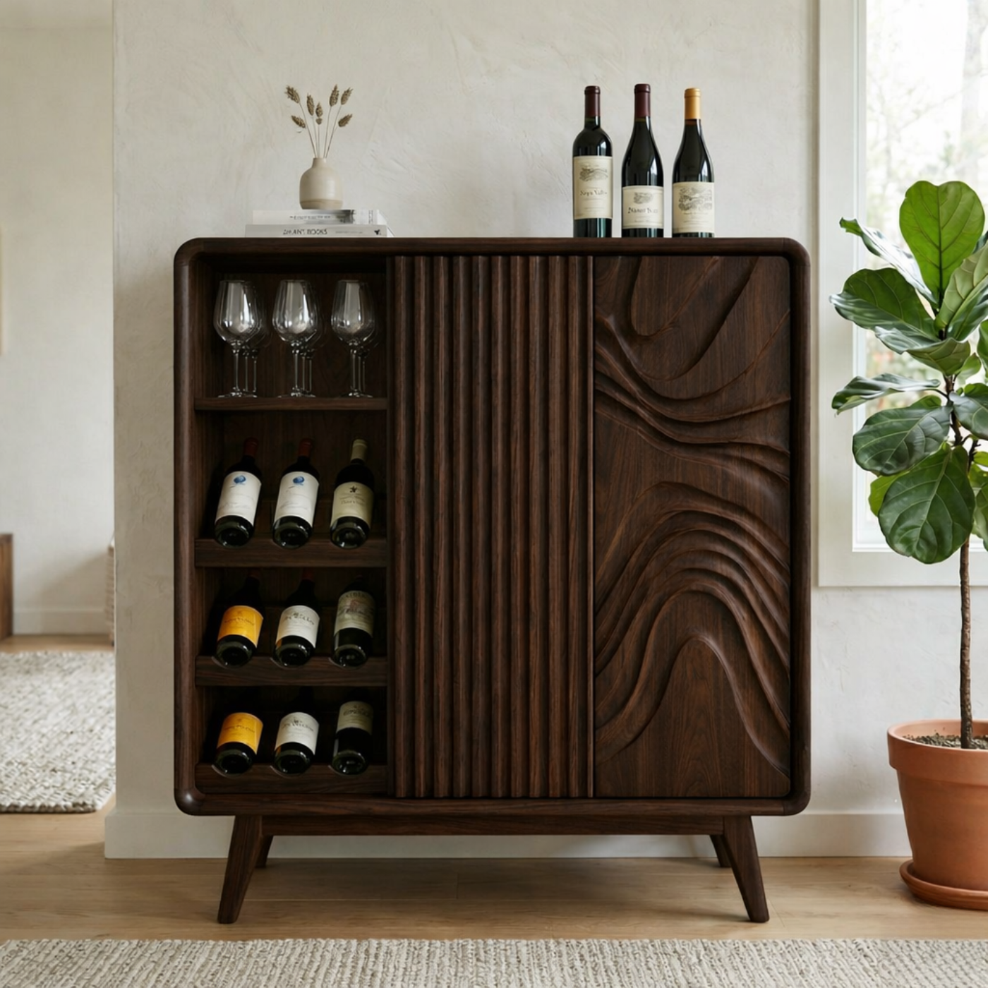 Solid Wood Wine Cabinet with Fluted Panel and Sculptural Door Design