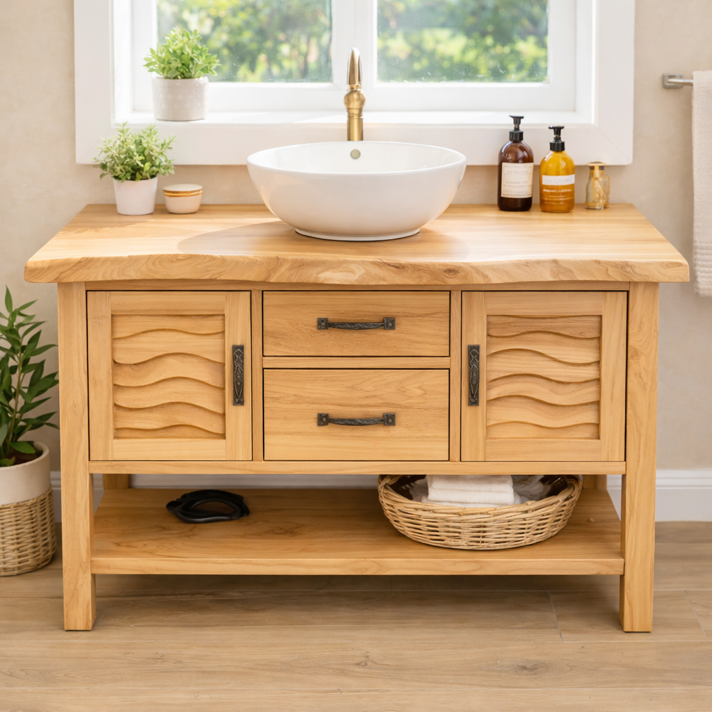 Solid Wood Bathroom Vanity with Sculpted Wave Doors and Open Shelf