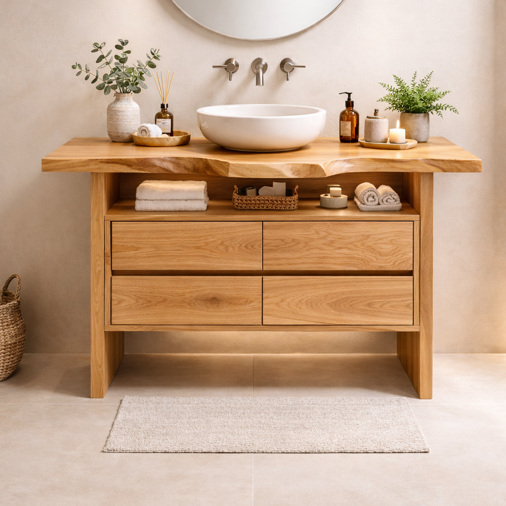 Solid Wood Bathroom Vanity with Open Shelf and Four Drawers