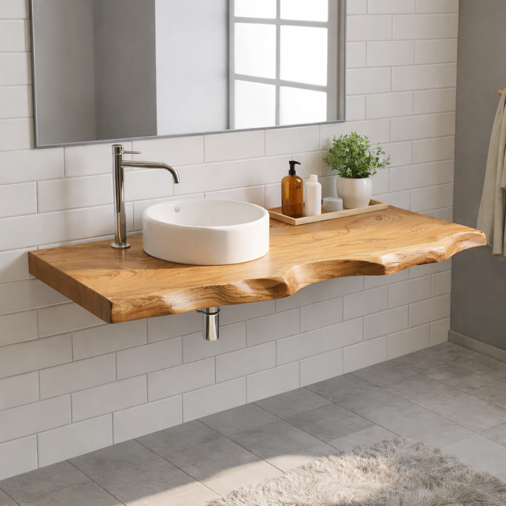 Floating Live Edge Solid Wood Bathroom Vanity Top – Rustic Wall Mounted Wood Countertop