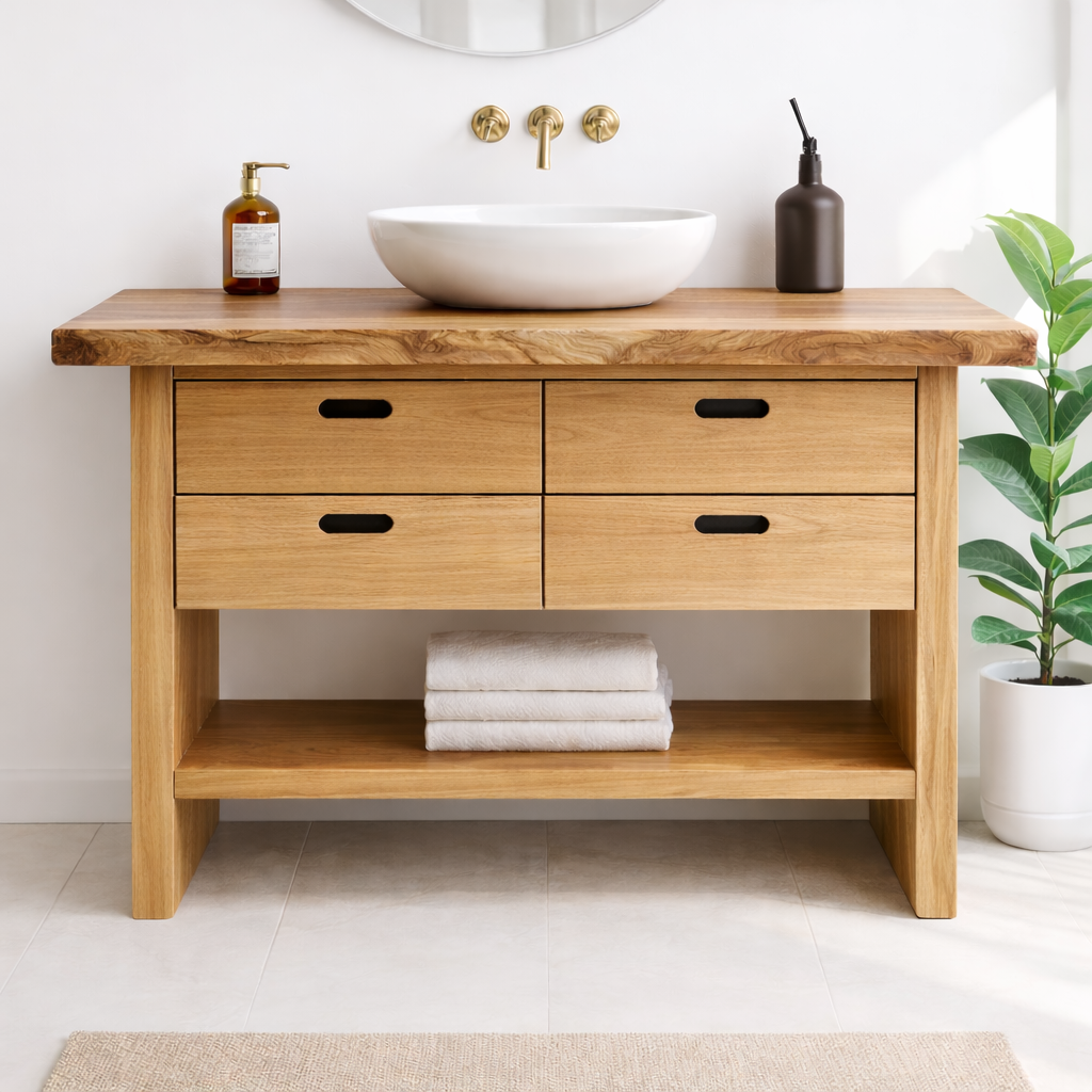 Solid Wood Bathroom Vanity Cabinet with Live Edge Top, 4 Drawers and Open Storage Shelf