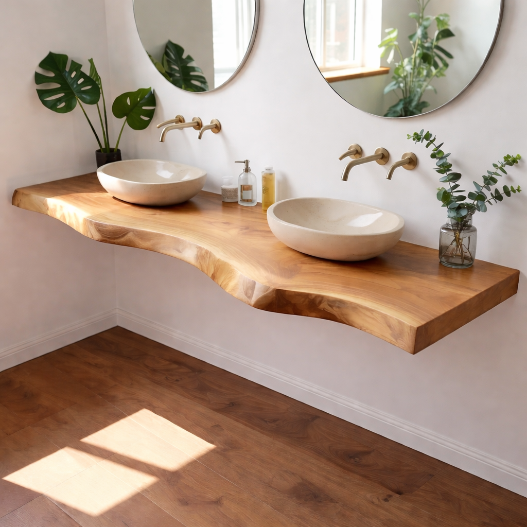 Floating Live Edge Solid Wood Double Sink Bathroom Vanity Top – Rustic Wall Mounted Wood Countertop