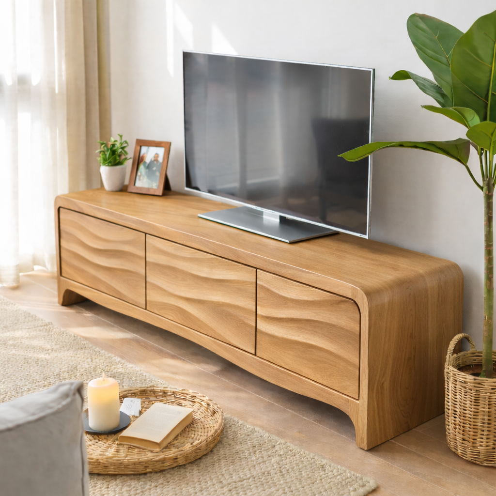 Solid Wood TV Stand with Wave Front Drawers for Modern Living Spaces