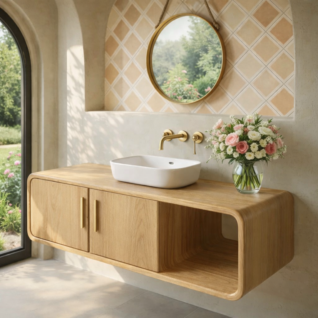 Floating Solid Wood Bathroom Vanity with Cabinet Doors and Open Shelf for Elegant Bathrooms