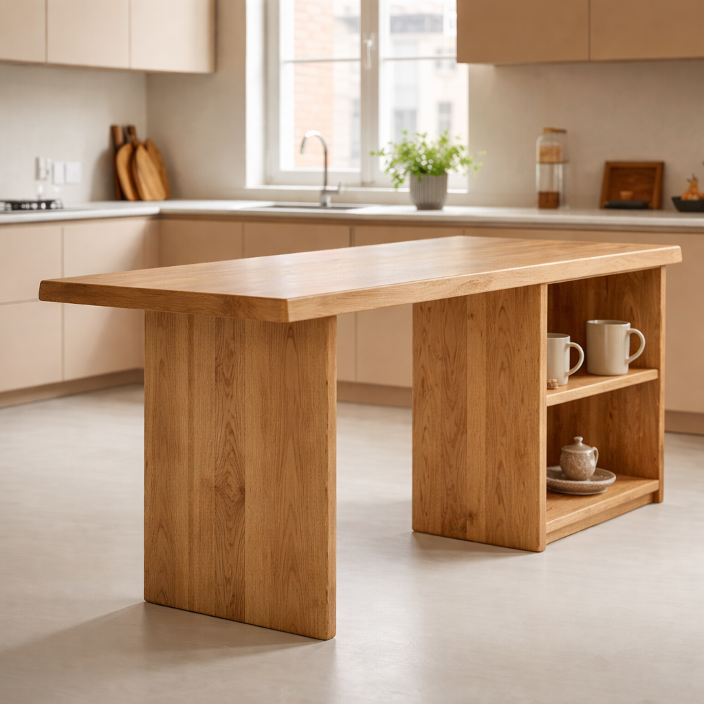 Solid Wood Kitchen Island with Open Shelf Storage and Spacious Prep Table