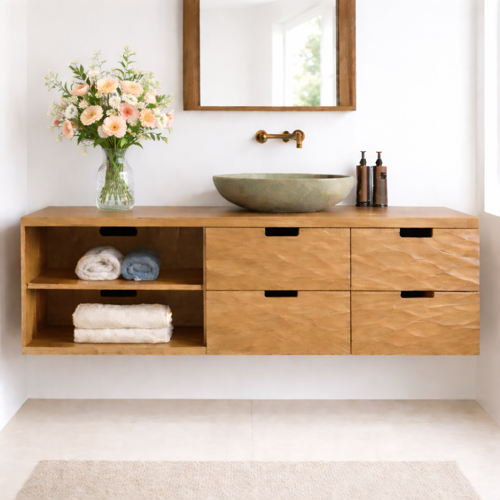 Floating Solid Wood Bathroom Vanity with Textured Drawer Fronts and Open Shelf – Modern Rustic Wall Mounted Vanity