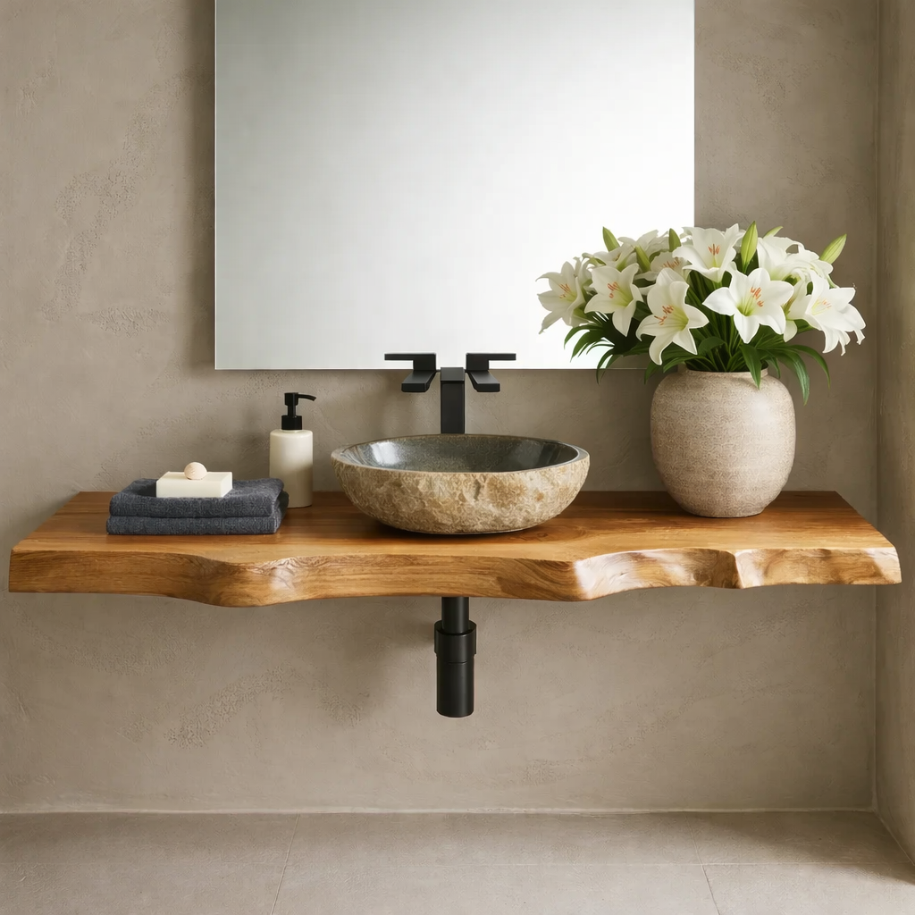 Floating Live Edge Solid Wood Bathroom Vanity Shelf – Natural Wood Slab Wall Mounted Countertop