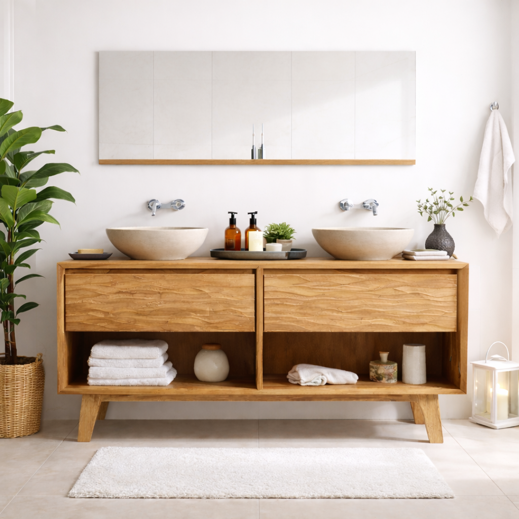 Mid-Century Solid Wood Double Bathroom Vanity with Sculpted Wave Drawer Fronts and Open Storage