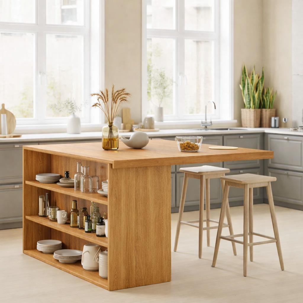 Modern Solid Wood Kitchen Island with Open Storage Shelves, Walnut Kitchen Bar Table