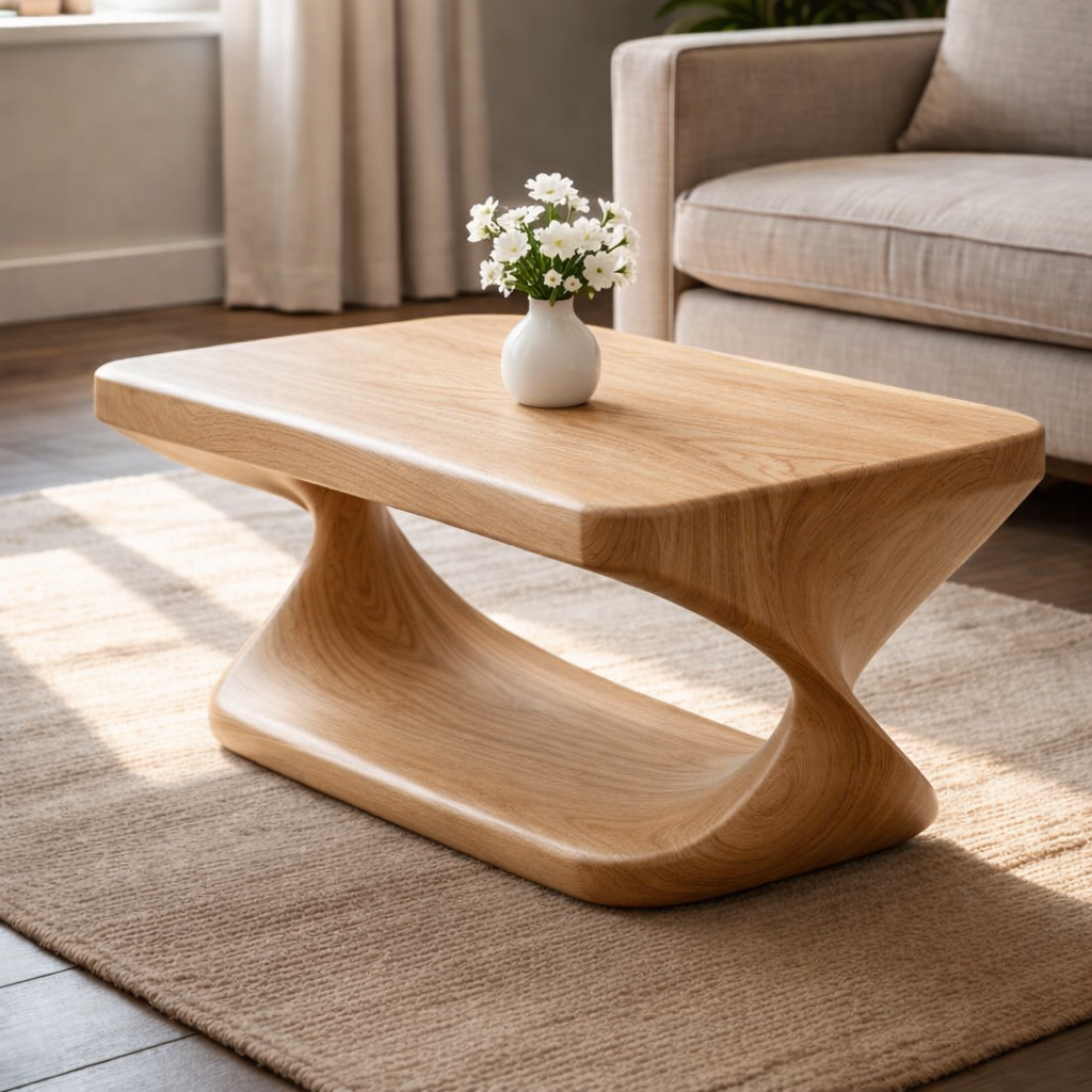 Modern Solid Wood Coffee Table with Sculptural Curved Base and Rectangular Wood Top