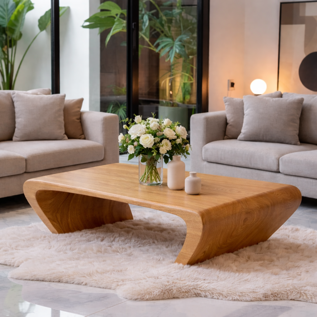 Modern Solid Wood Coffee Table with Sculptural Curved Base Minimalist Living Room Table