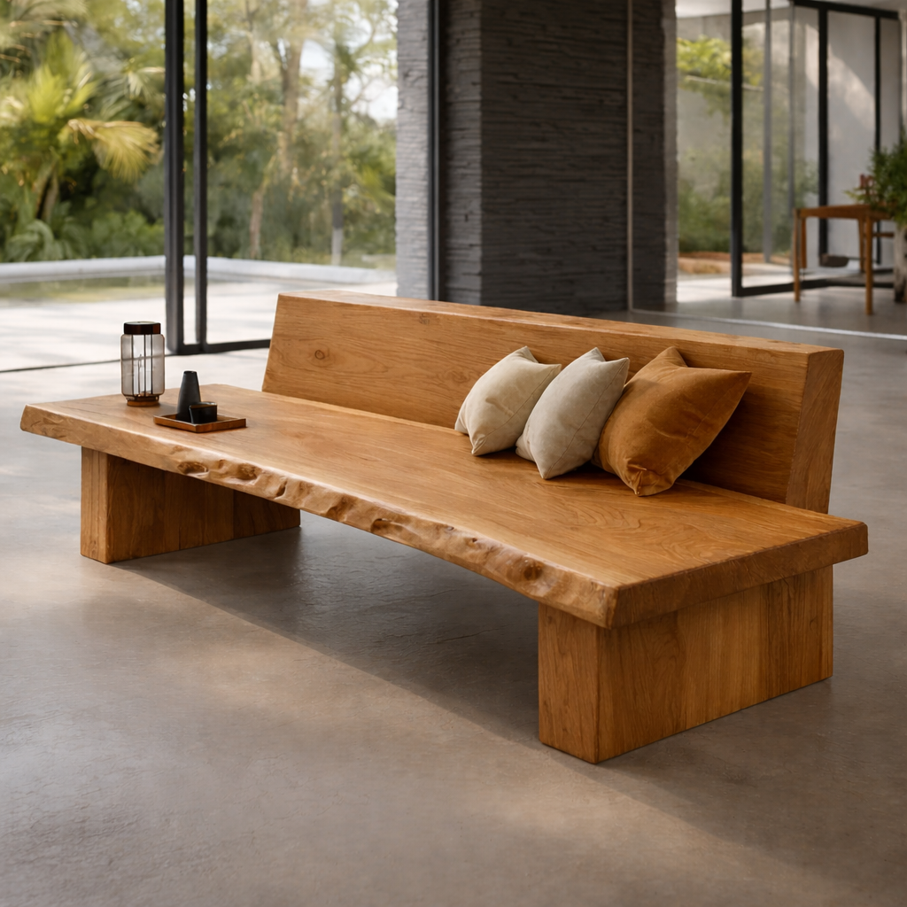 Rustic Solid Wood Sofa with Live Edge Design Natural Wooden Couch for Modern Living Room