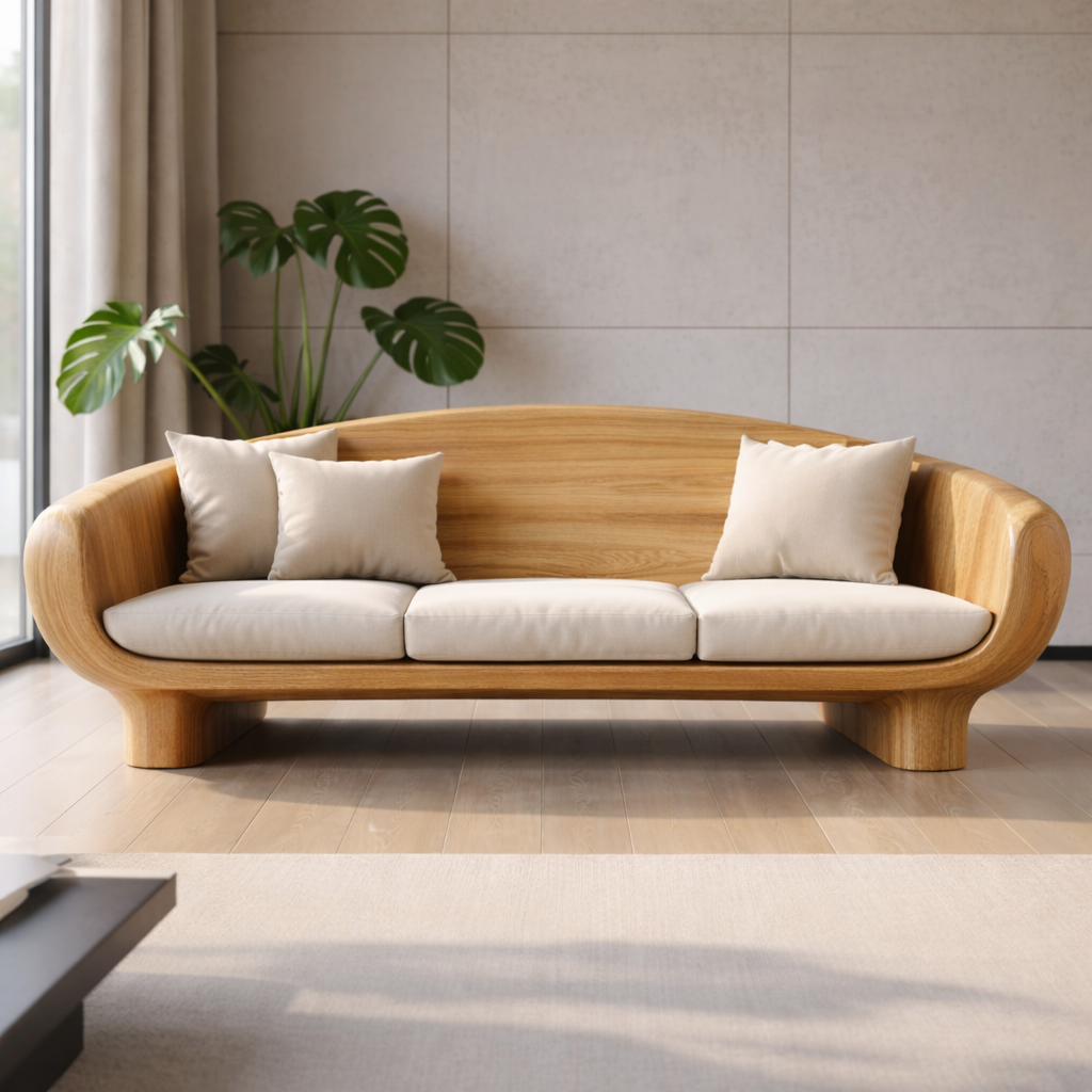 Modern Solid Oak Sofa with Curved Wooden Frame Minimalist Scandinavian Living Room Couch