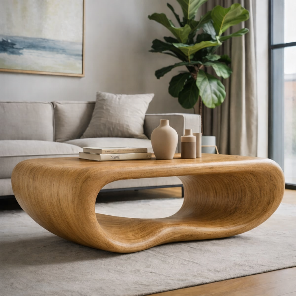 Modern Solid Wood Coffee Table with Sculptural Curved Design Minimalist Living Room Table