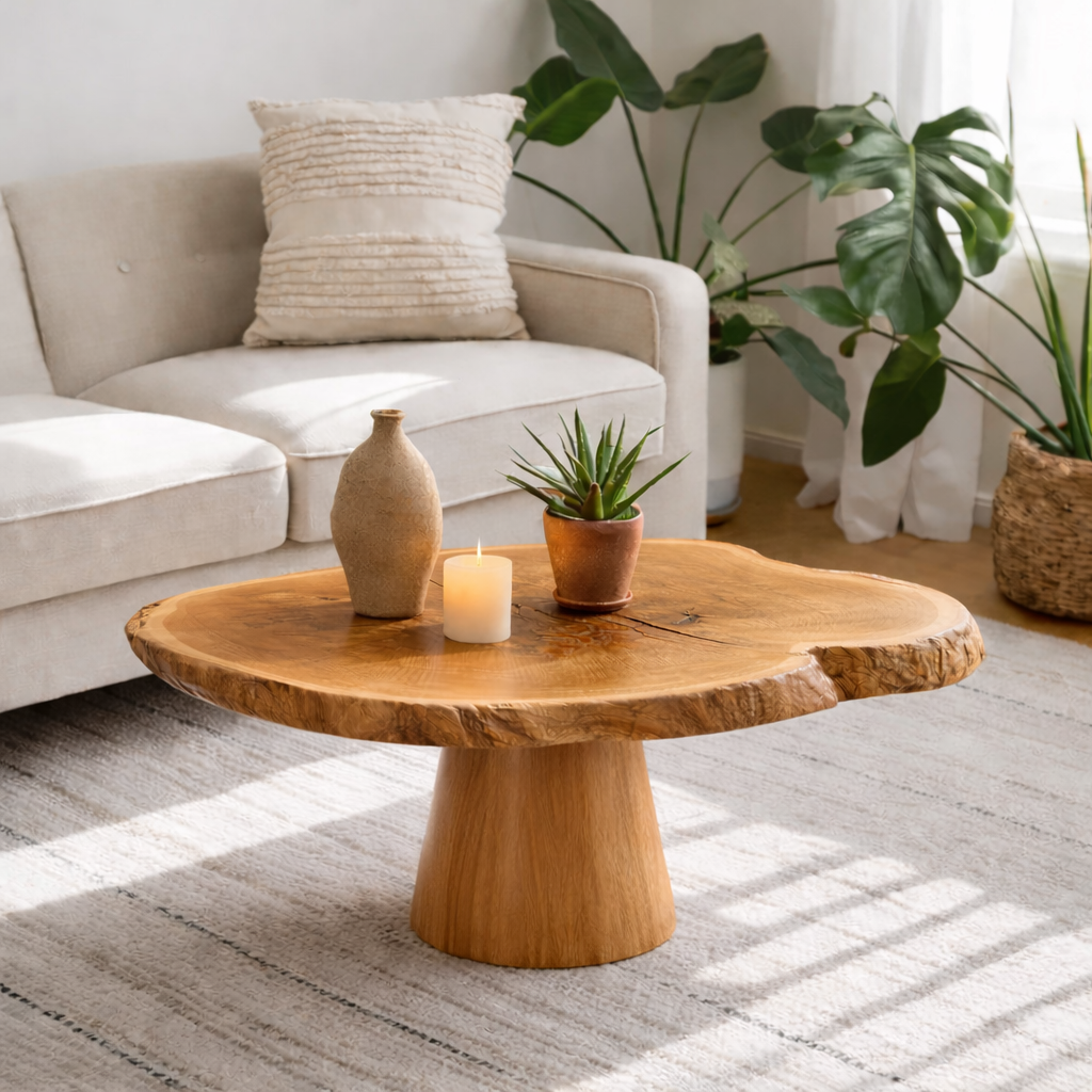 Live Edge Solid Wood Coffee Table for Living Room with Pedestal Base