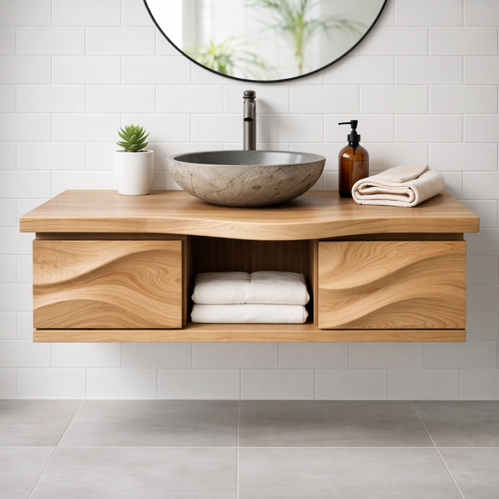 Floating Solid Wood Bathroom Vanity with Sculpted Wavy Front and Open Shelf