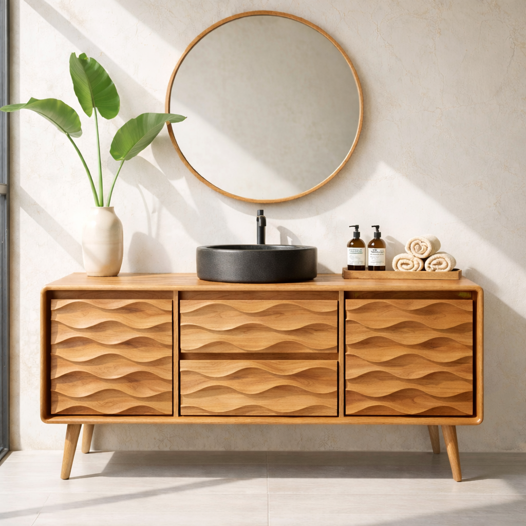 Solid Wood Bathroom Vanity with Layered Wavy Front Panels and Storage Drawers