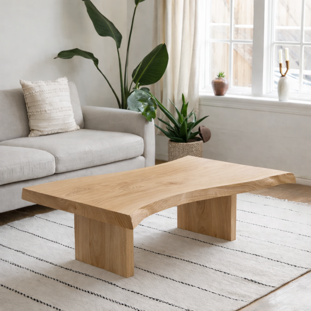 Solid Wood Coffee Table with Live Edge Top and Minimal Block Legs