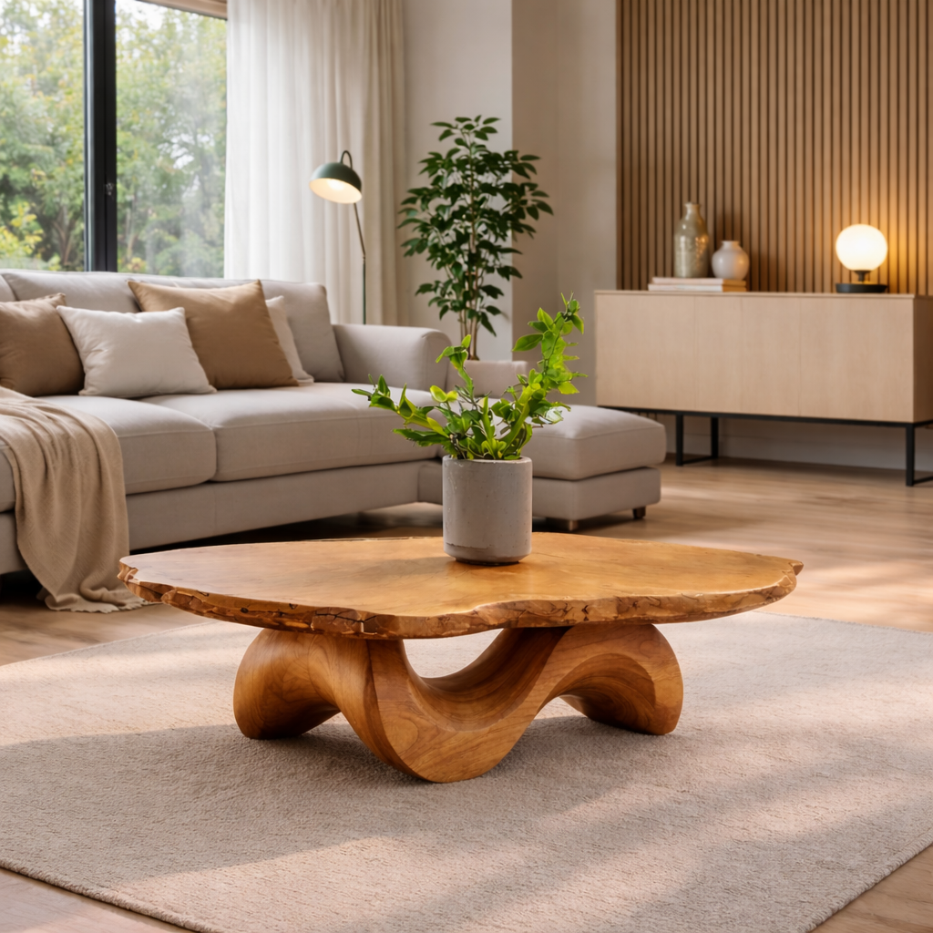 Live Edge Solid Wood Coffee Table with Sculptural Curved Base