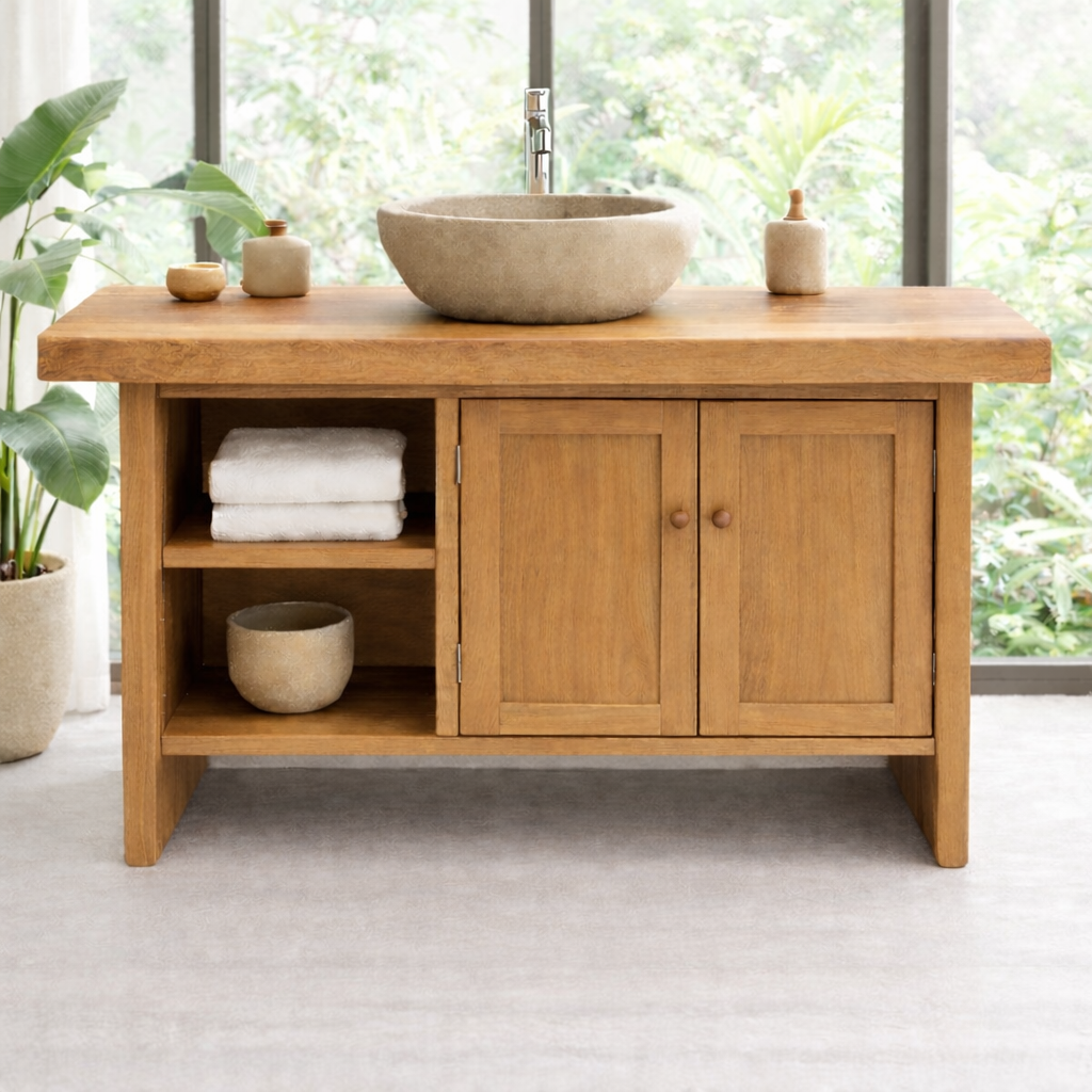 Solid Wood Bathroom Vanity Cabinet with Double Doors and Open Shelf – Rustic Modern Freestanding Vanity Base