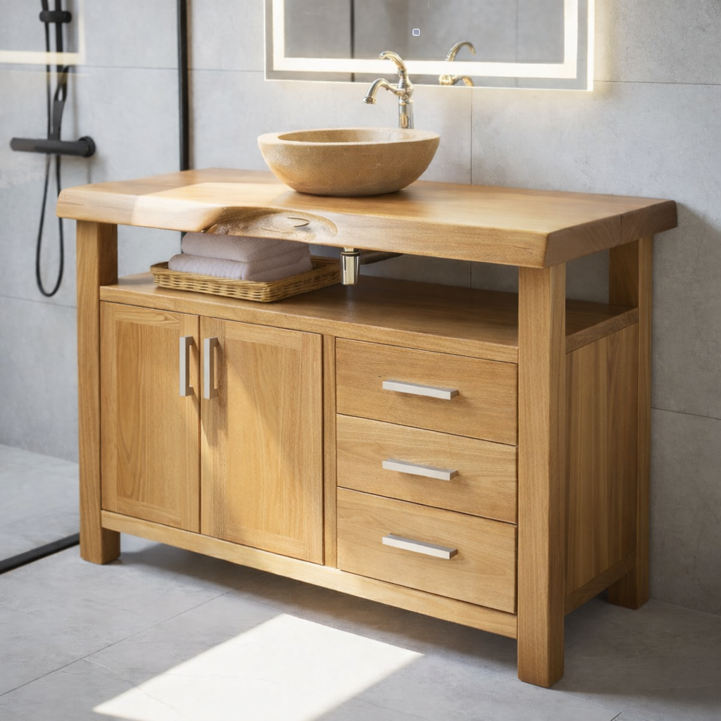 Solid Wood Bathroom Vanity with Cabinet Doors, Three Drawers and Open Shelf – Freestanding Natural Wood Vanity