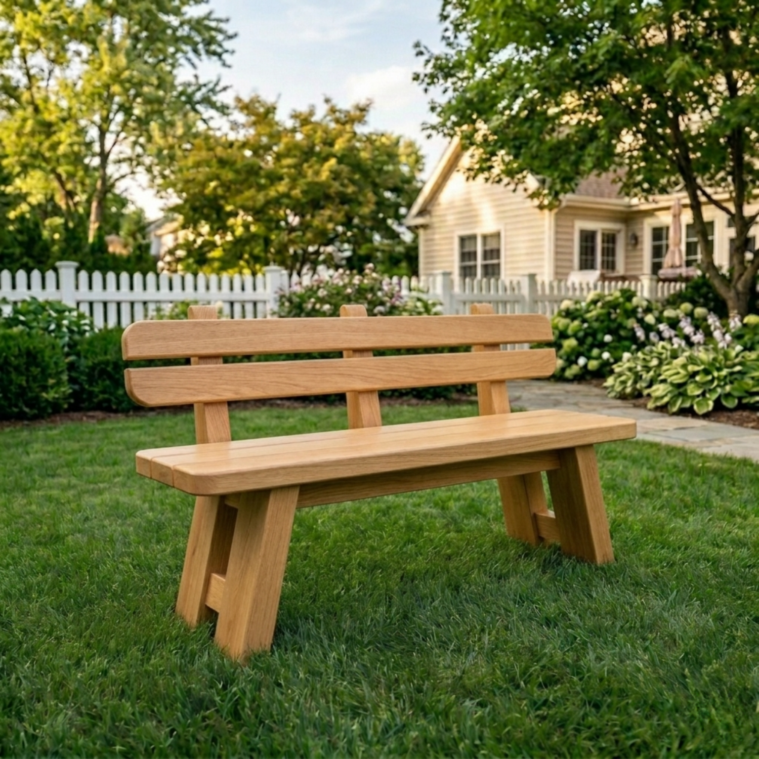 Solid Wood Outdoor Garden Bench with Slatted Backrest and A-Frame Legs