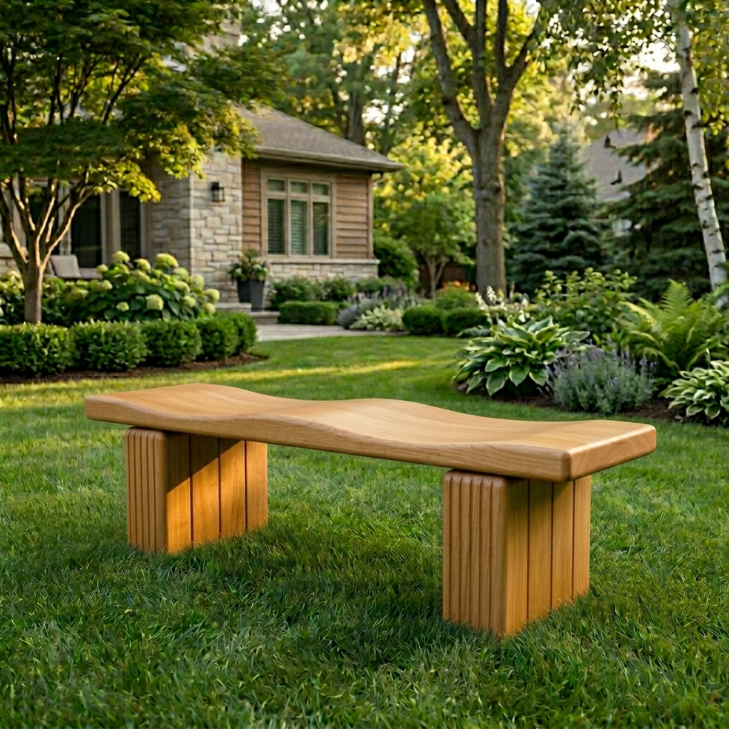 Solid Wood Outdoor Bench with Sculpted Wave Seat and Fluted Block Legs