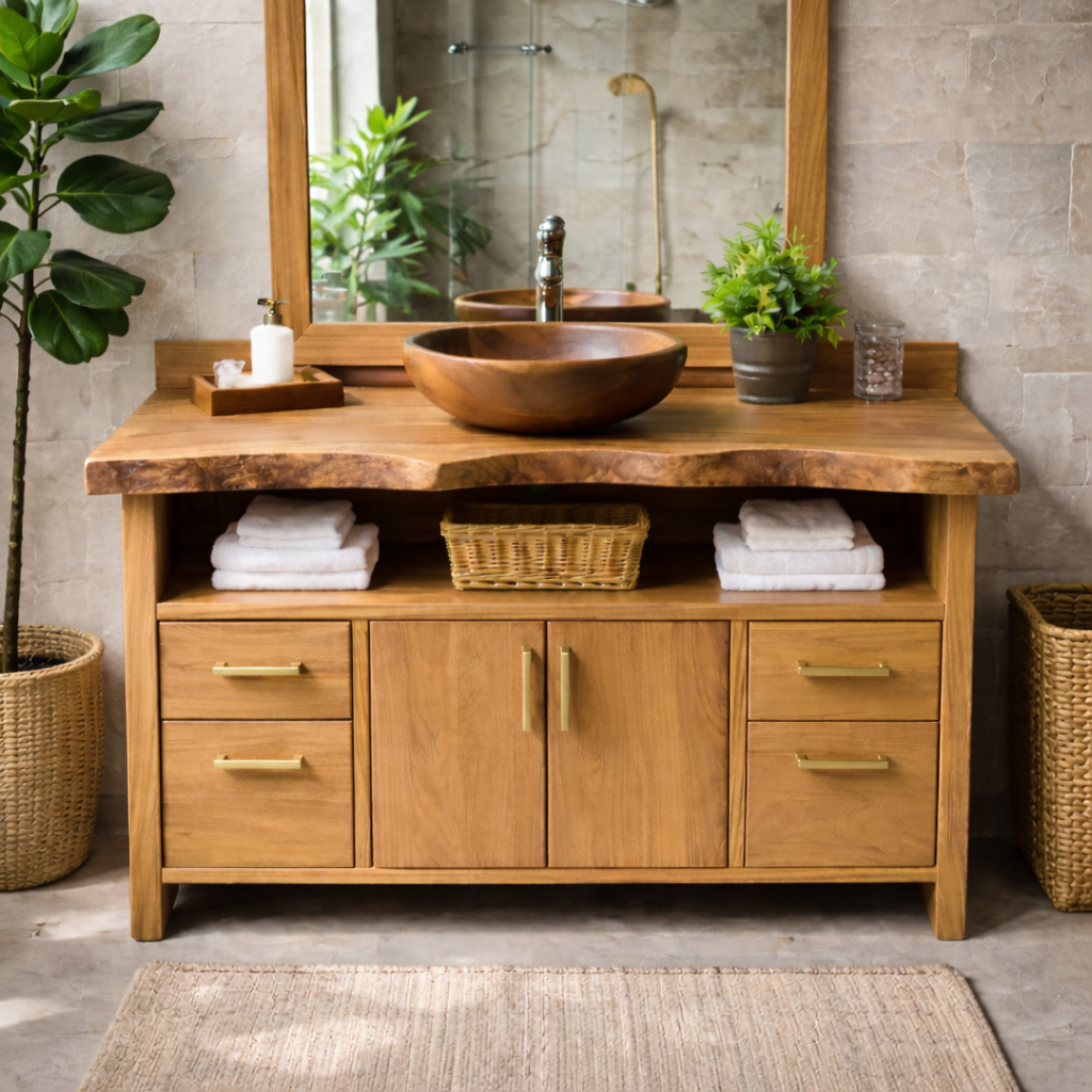 Live Edge Solid Wood Bathroom Vanity with Four Drawers, Double Cabinet Doors and Open Shelf