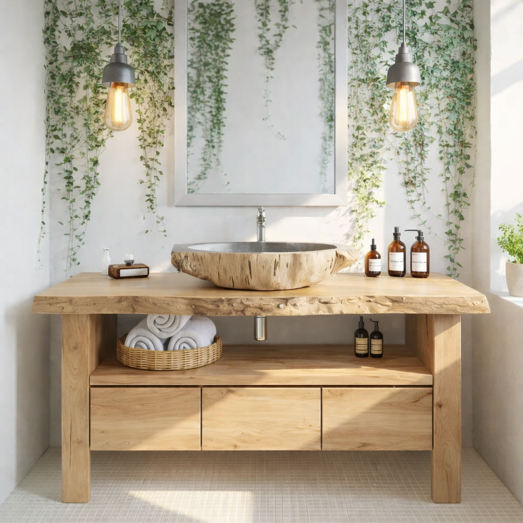 Live Edge Solid Wood Bathroom Vanity with Drawers and Open Shelf – Rustic Natural Wood Bathroom Vanity