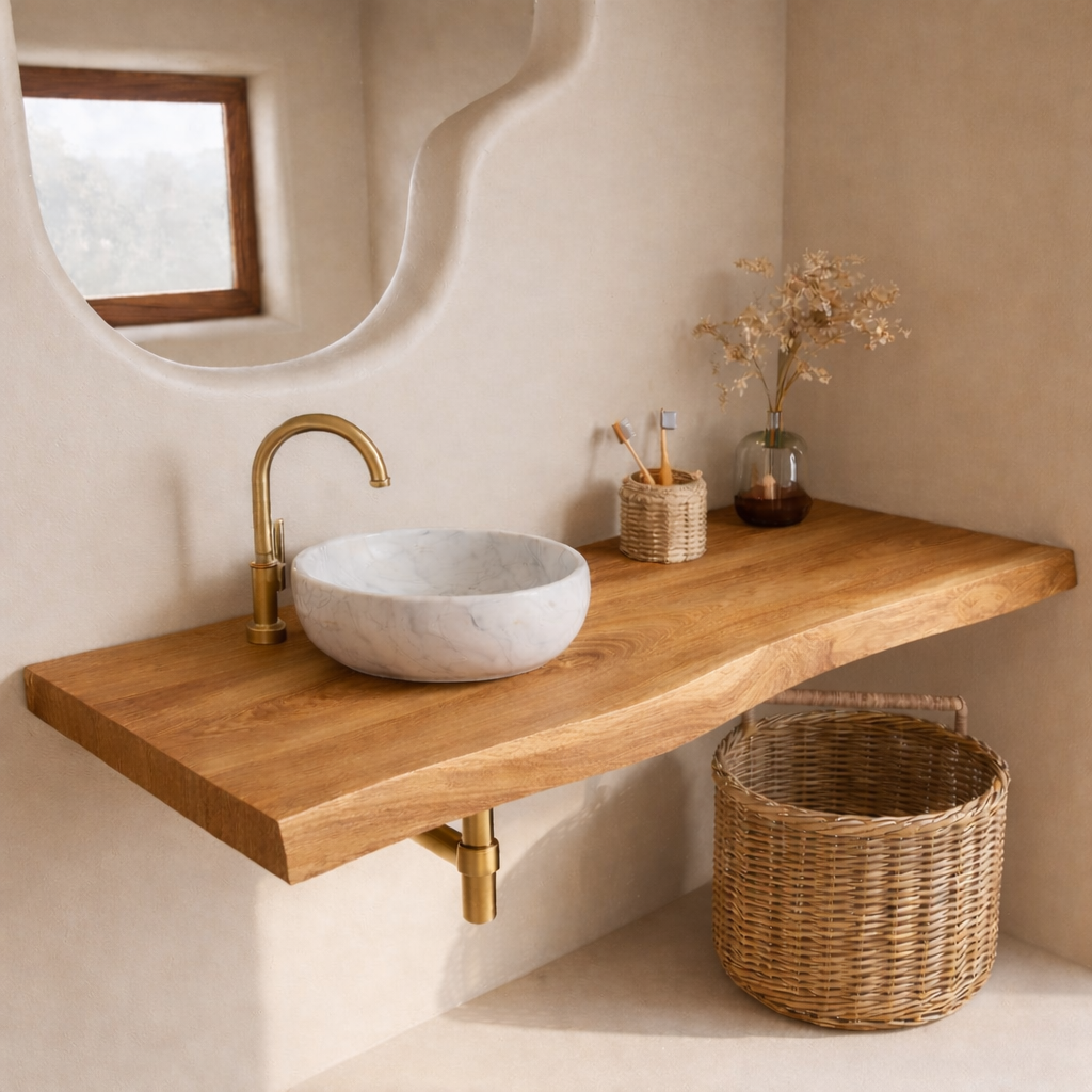 Floating Live Edge Solid Wood Bathroom Vanity Top – Rustic Wall Mounted Wood Countertop Shelf