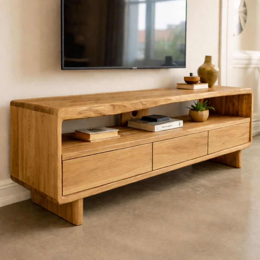 Mid Century Modern Solid Wood TV Stand – Walnut Media Console with Storage Drawers