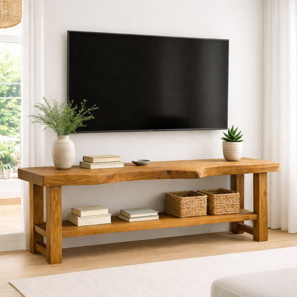 Live Edge Solid Wood TV Stand with Shelf – Rustic Walnut Media Console Table