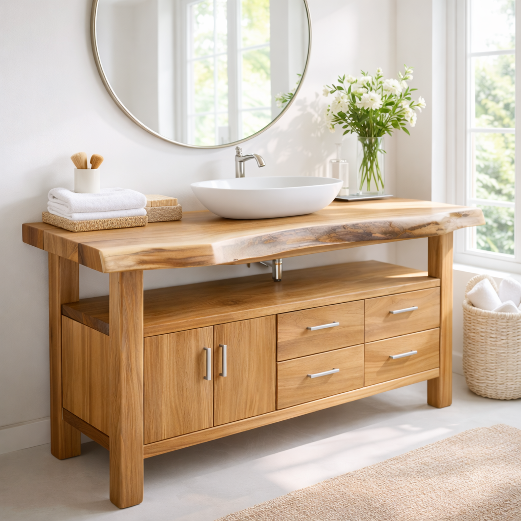 Live Edge Solid Wood Bathroom Vanity with Double Cabinet Doors, Four Drawers and Open Shelf