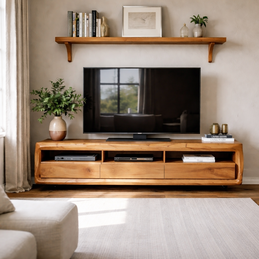 Solid Wood TV Stand with Drawers and Open Shelf – Rustic Modern Wooden Media Console