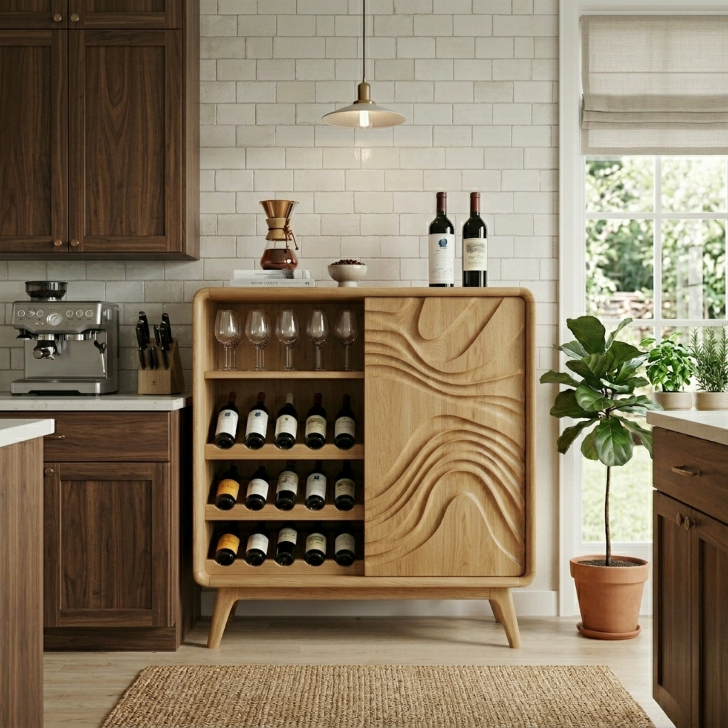 Handcrafted Solid Wood Wine Cabinet with Wave Pattern Storage and Glassware Holder