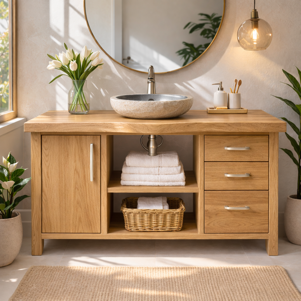Modern Solid Wood Bathroom Vanity with Side Cabinet, Three Drawers and Open Display Shelving