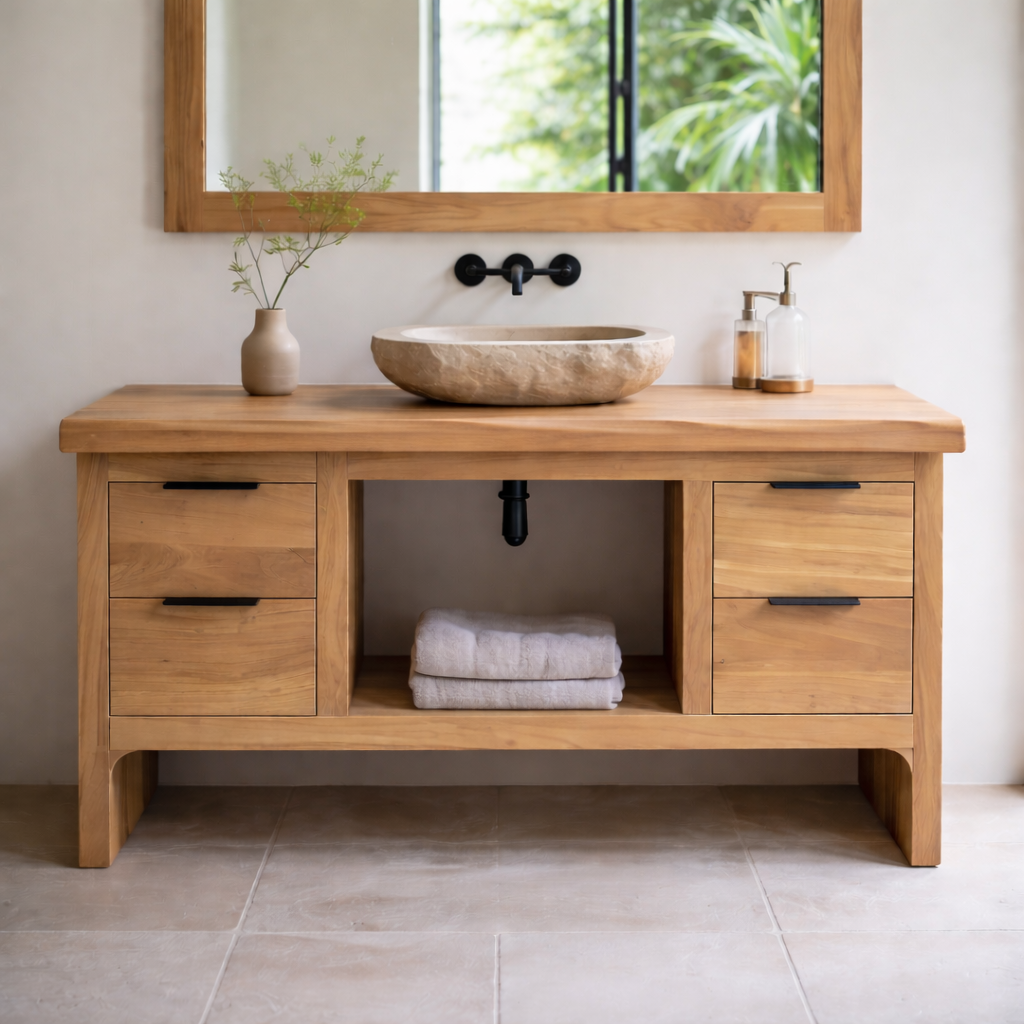 Rustic Soild Wood Bathroom Vanity with Drawers and Open Shelf for Contemporary