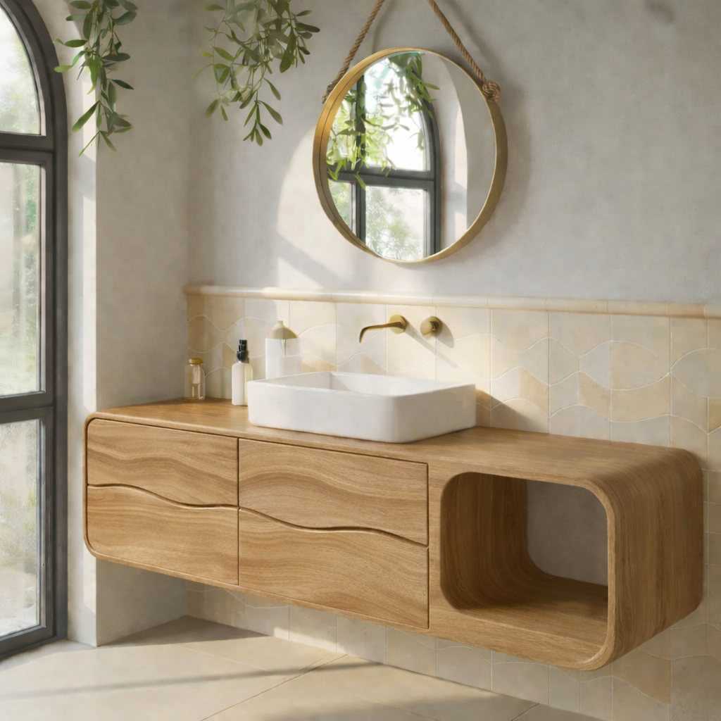 Floating Solid Wood Bathroom Vanity with Drawers and Open Shelf