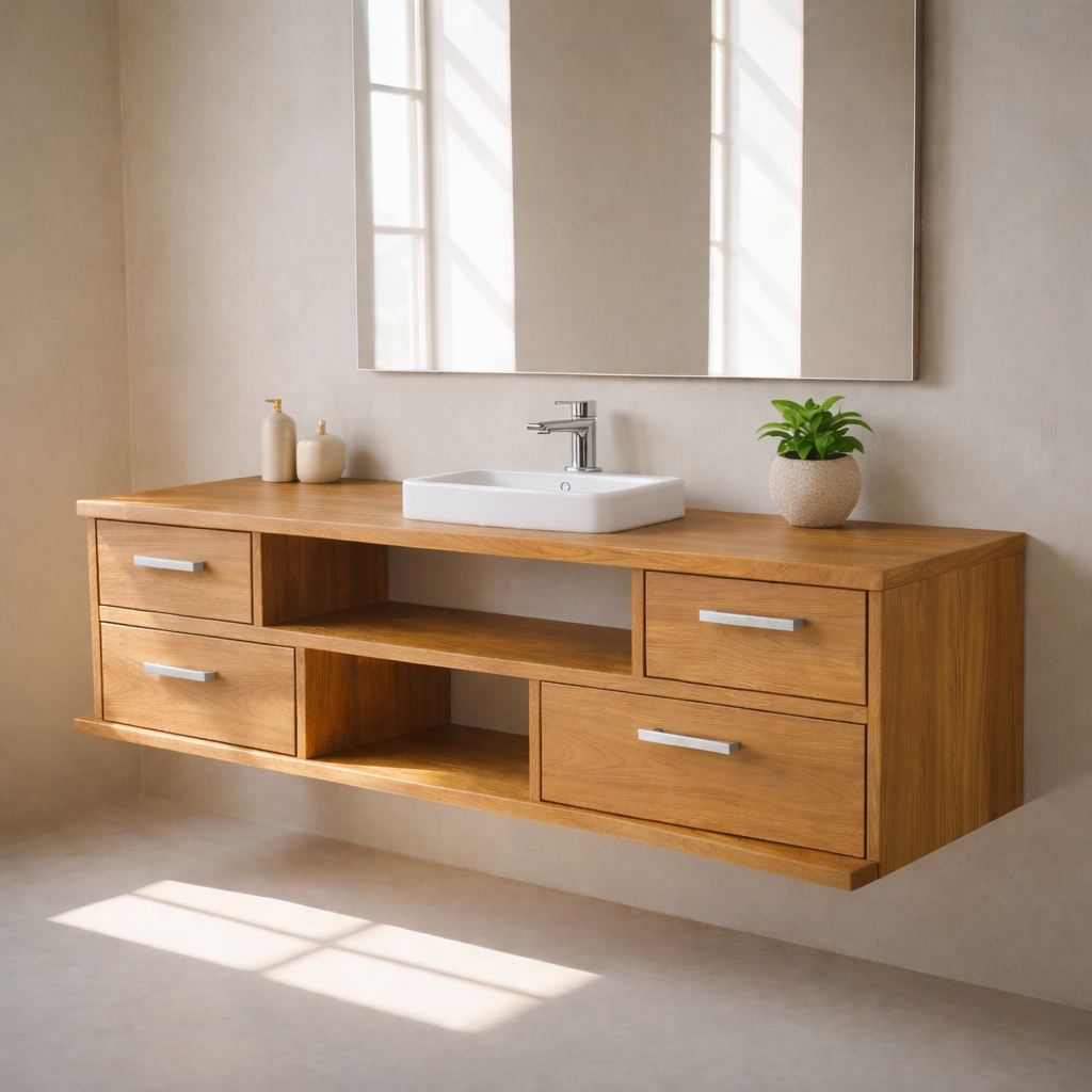 Floating Solid Wood Bathroom Vanity with Drawers and Open Shelf for Modern Bathrooms