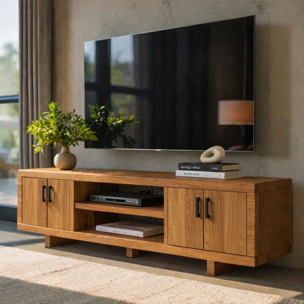 Modern Solid Wood TV Stand with Storage Cabinets and Open Media Shelf