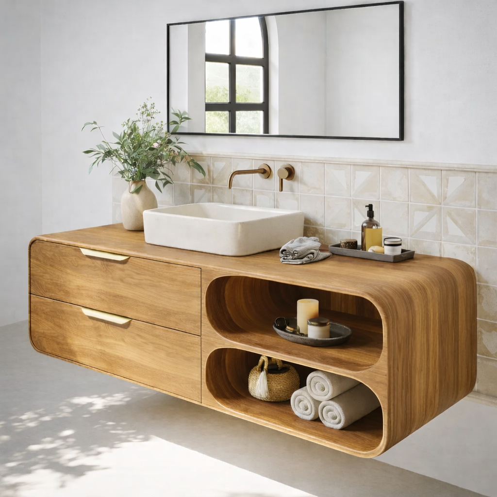 Floating Solid Wood Bathroom Vanity with Drawers and Open Curved Shelves for Modern Bathrooms