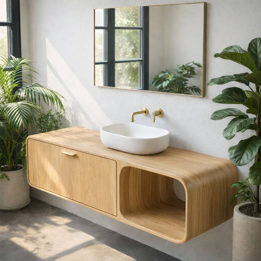 Contemporary Solid Wood Floating Bathroom Vanity with Open Side Shelf