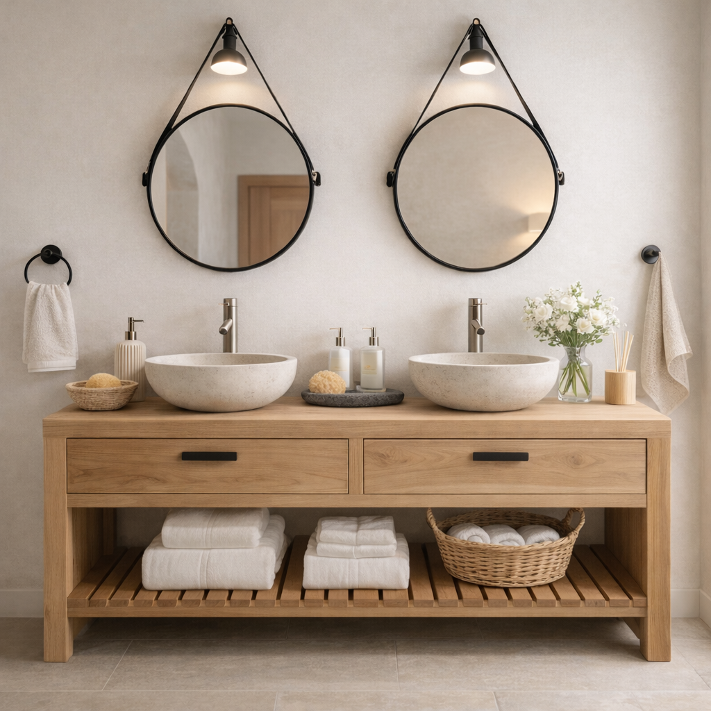 Scandinavian Solid Wood Double Sink Bathroom Vanity with Dual Drawers and Slatted Open Shelf