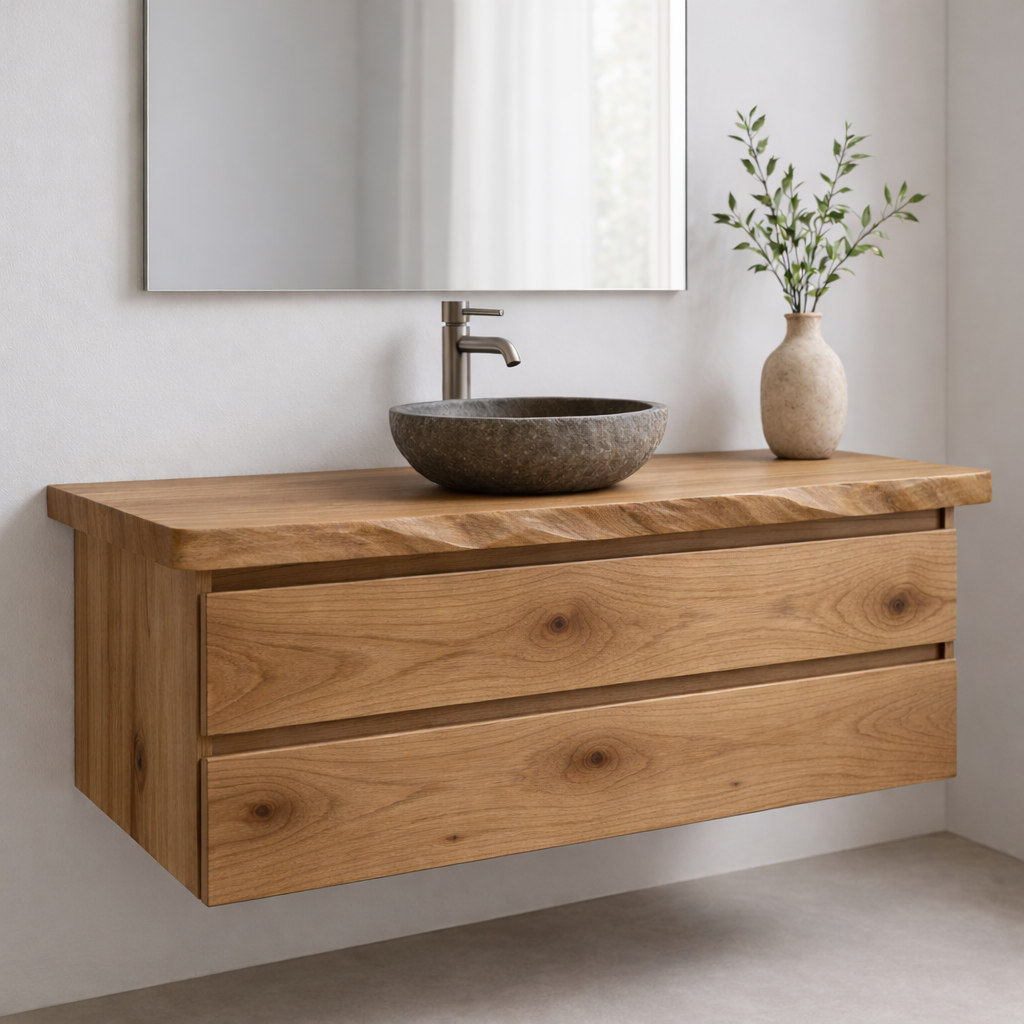 Floating Solid Wood Bathroom Vanity with Double Drawers – Modern Minimalist Wall Mounted Cabinet