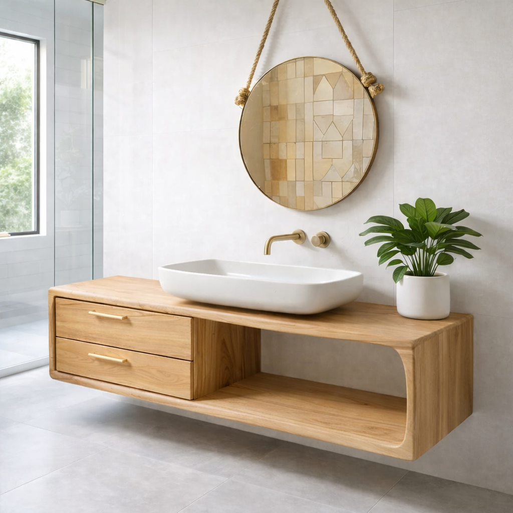 Modern Solid Wood Floating Bathroom Vanity with Double Drawers and Open Shelf